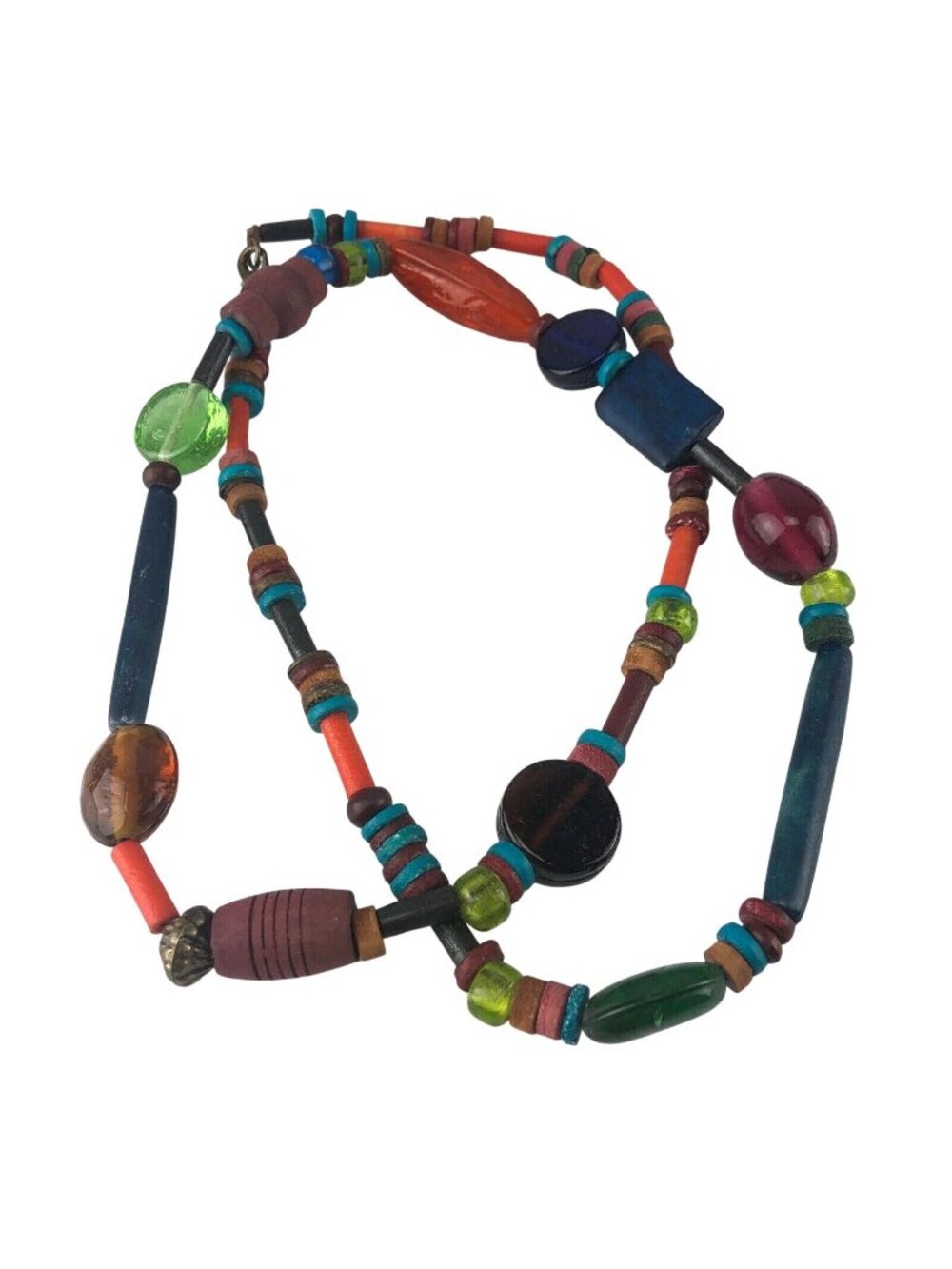 33" Long Necklace Colored Glass and Wood Beads